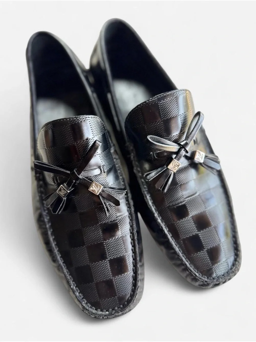 Louis Vuitton Damier Black Leather Loafers Driving Shoes Mens US 9